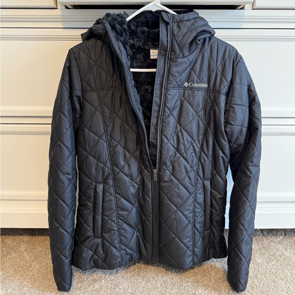 Columbia copper crest fleece lined faux fur hooded coat jacket black medium